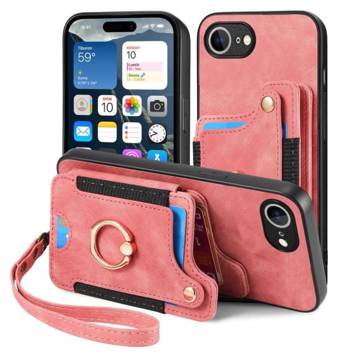 Bild 2, iPhone 17e / 16e Skal Med Korthållare RFID Retro Läder Rosa
