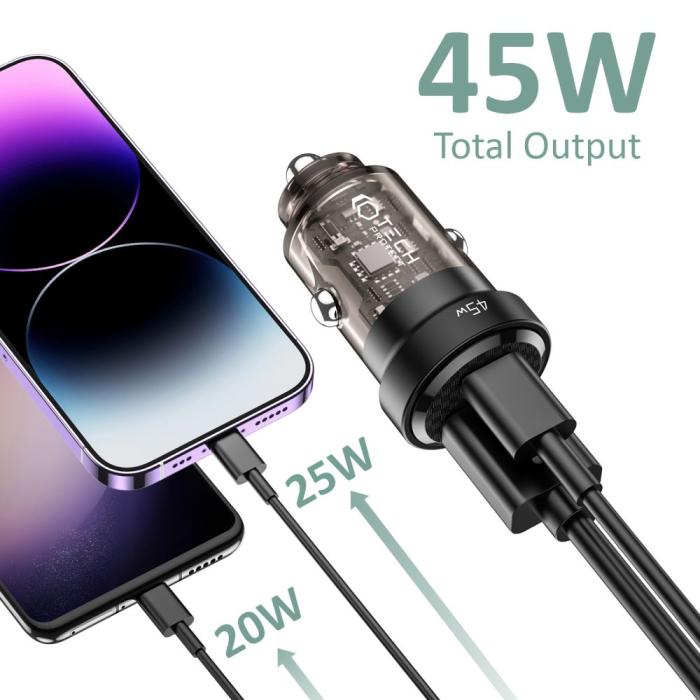 Bild 2, Tech-Protect 45W PD QC USB-C/USB-A Billaddare Svart