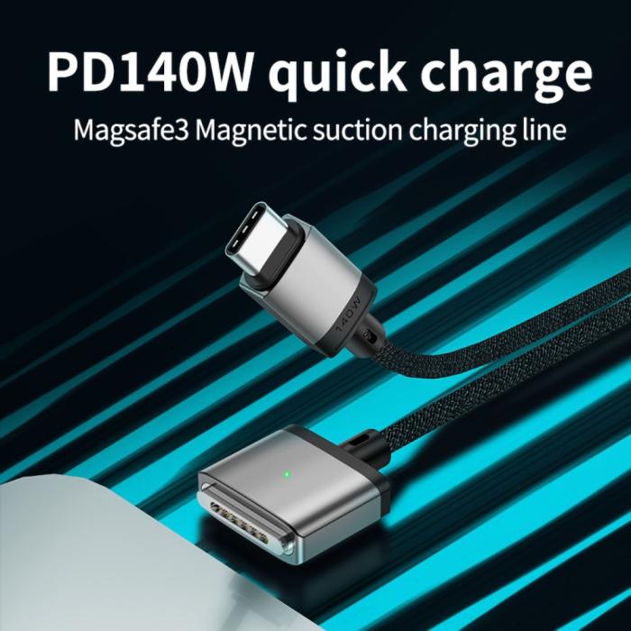 Bild 2, 2m 140W USB-C - MagSafe 3 Magnetisk Nylon Kabel Grå