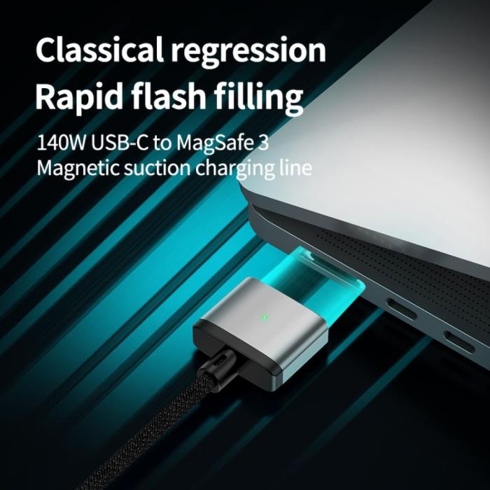 Bild 3, 2m 140W USB-C - MagSafe 3 Magnetisk Nylon Kabel Grå