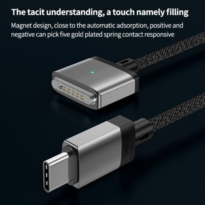 Bild 4, 2m 140W USB-C - MagSafe 3 Magnetisk Nylon Kabel Grå