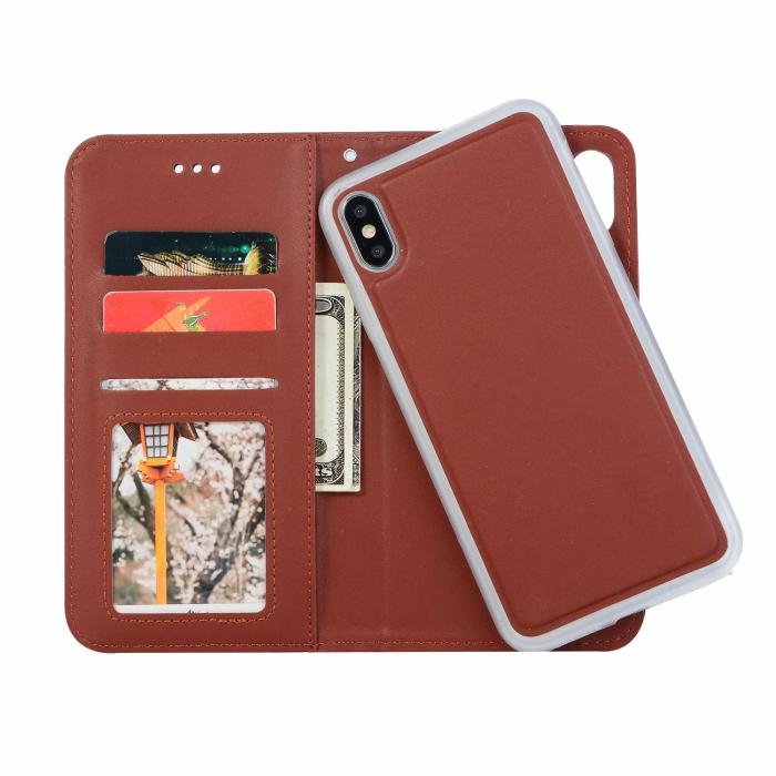 Bild 2, iPhone X/Xs - Plånboksfodral / Magnet Skal 2in1 - Brun