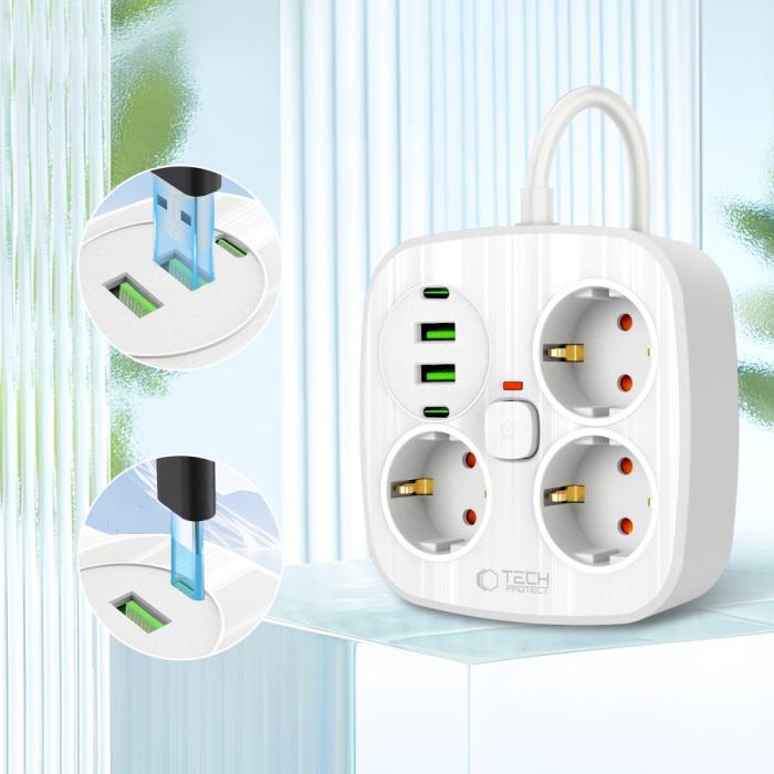 Bild 3, Tech-Protect 2m Förgreningsdosa Med USB-C/USB-A Vit