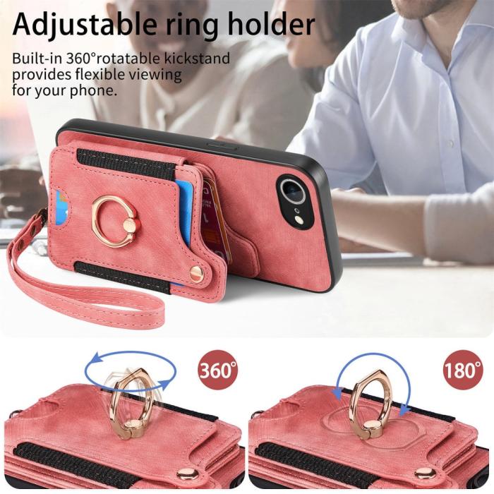 Bild 5, iPhone 17e / 16e Skal Med Korthållare RFID Retro Läder Rosa