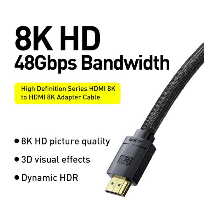 Bild 2, Baseus 2m 8K 60Hz HD HDMI - HDMI 2.1 Nylon Kabel Svart