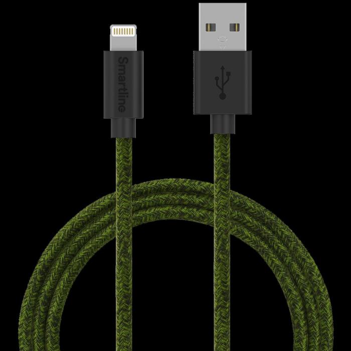Bild 1, Smartline 2m 3A Lightning MFi Fuzzy Laddningskabel Grön