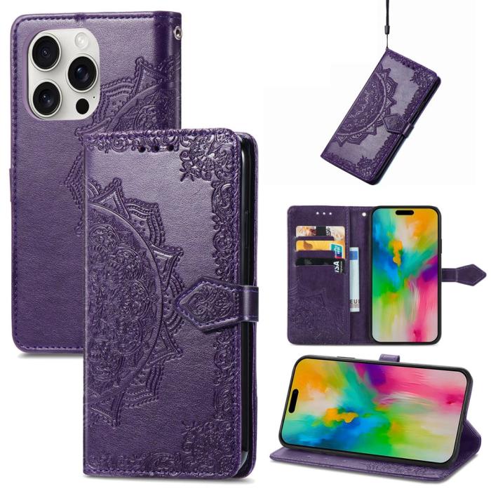 Bild 4, iPhone 16 Pro Max Fodral Mandala Läder Lila