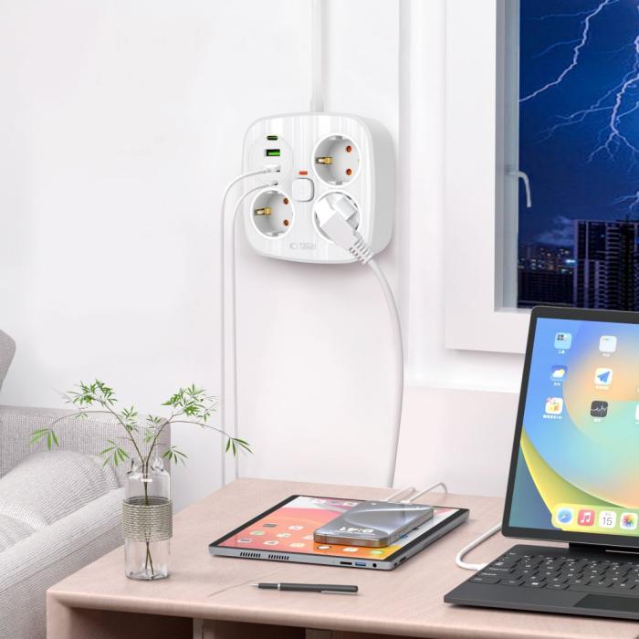 Bild 5, Tech-Protect 2m Förgreningsdosa Med USB-C/USB-A Vit
