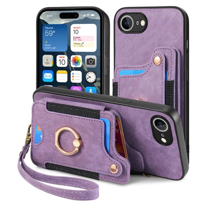 Bild 2, iPhone 17e / 16e Skal Med Korthållare RFID Retro Läder Lila