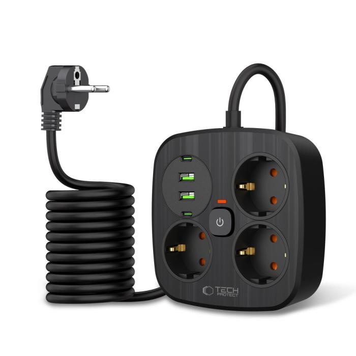 Bild 2, Tech-Protect 2m Förgreningsdosa Med USB-C/USB-A Svart