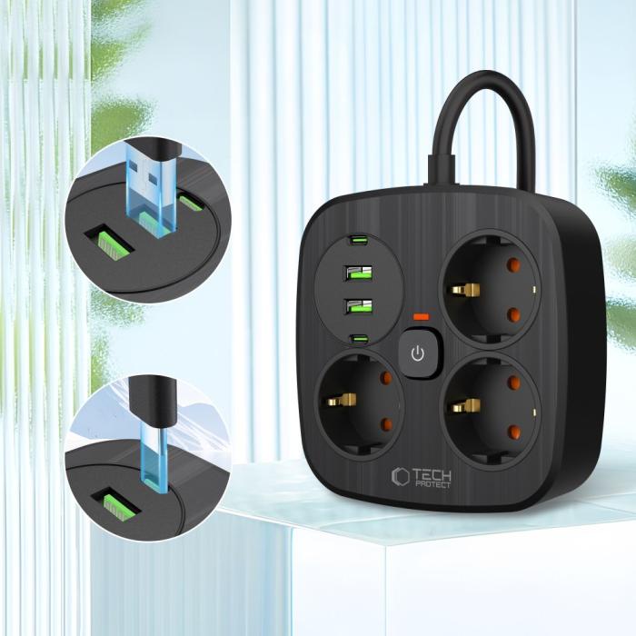 Bild 3, Tech-Protect 2m Förgreningsdosa Med USB-C/USB-A Svart