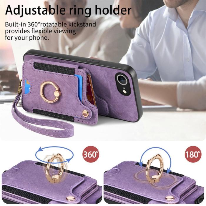 Bild 5, iPhone 17e / 16e Skal Med Korthållare RFID Retro Läder Lila