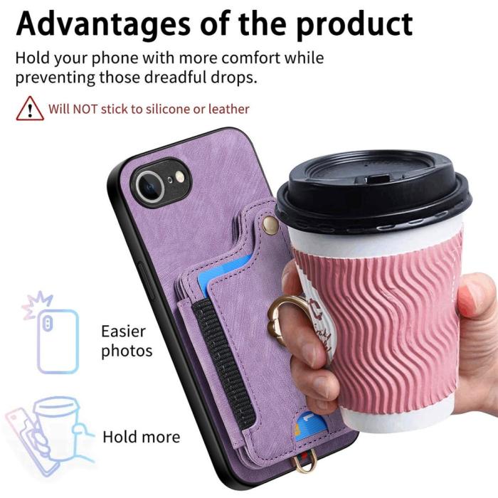 Bild 6, iPhone 17e / 16e Skal Med Korthållare RFID Retro Läder Lila