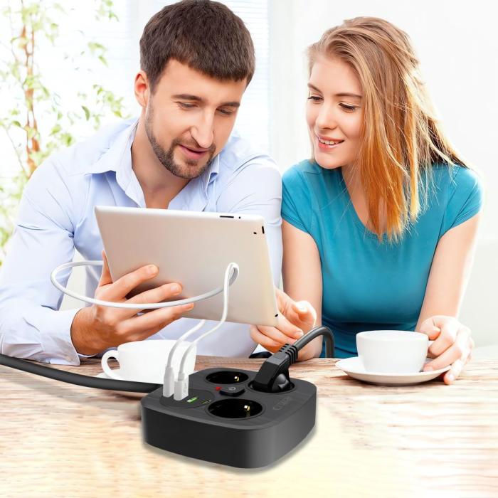 Bild 6, Tech-Protect 2m Förgreningsdosa Med USB-C/USB-A Svart