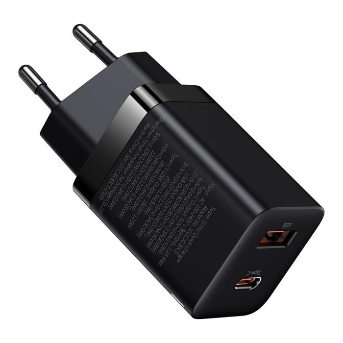 Bild 2, Baseus 30W Super Pro USB-C / USB-A PD QC Väggladdare Svart