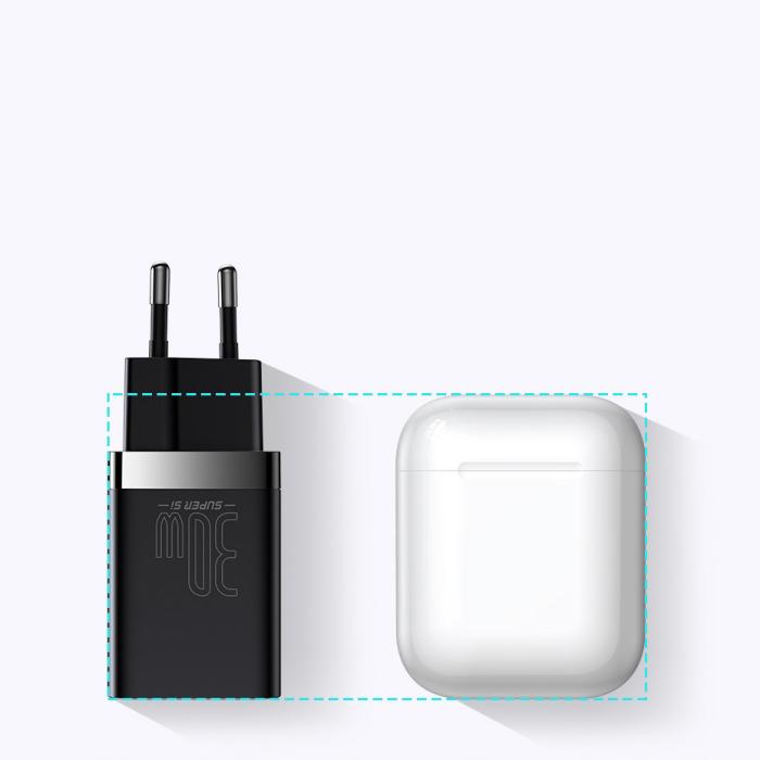 Bild 5, Baseus 30W Super Pro USB-C / USB-A PD QC Väggladdare Svart