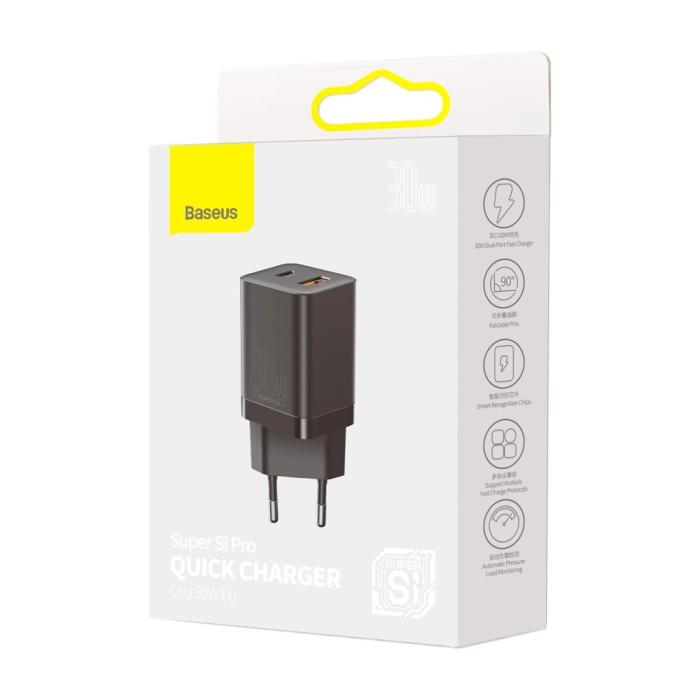 Bild 6, Baseus 30W Super Pro USB-C / USB-A PD QC Väggladdare Svart