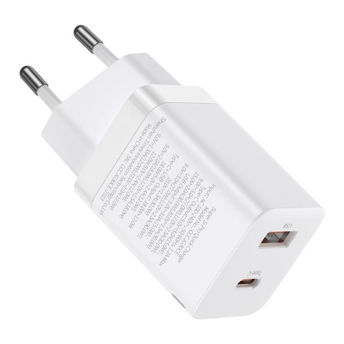Bild 2, Baseus 30W Super Pro USB-C / USB-A PD QC Väggladdare Vit