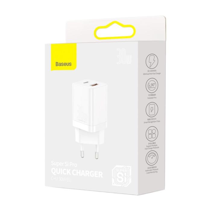 Bild 6, Baseus 30W Super Pro USB-C / USB-A PD QC Väggladdare Vit