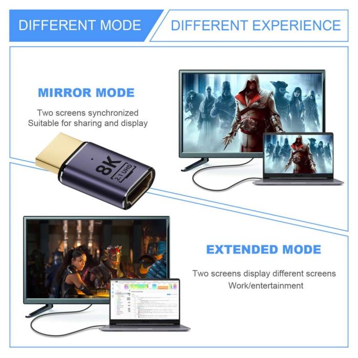 Bild 4, HDMI Hane - HDMI 2.1 Hona 8K 60Hz UHD Adapter Blå