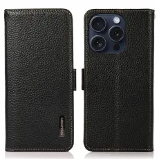 KHAZNEH iPhone 16 Pro Max Fodral &Auml;kta L&auml;der Litchi Textur Svart