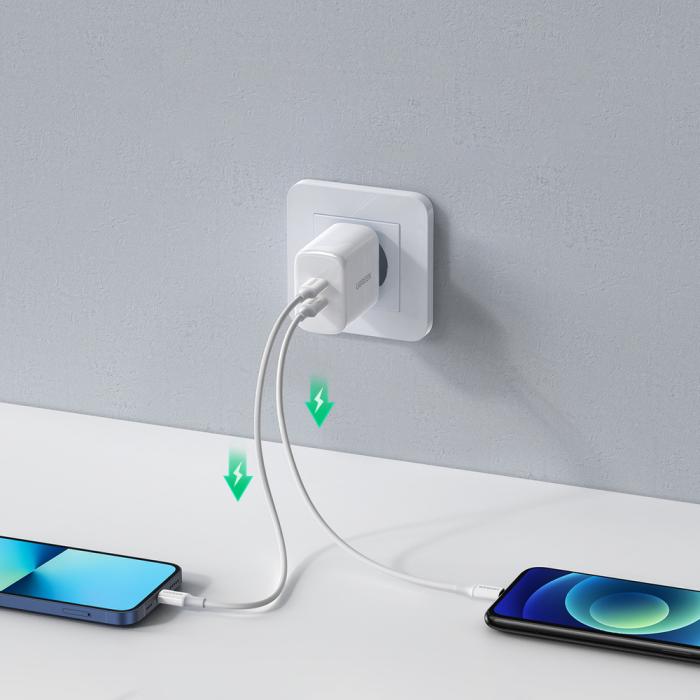 Bild 2, Ugreen 40W 2x USB-C PD Snabbladdare Väggladdare Vit