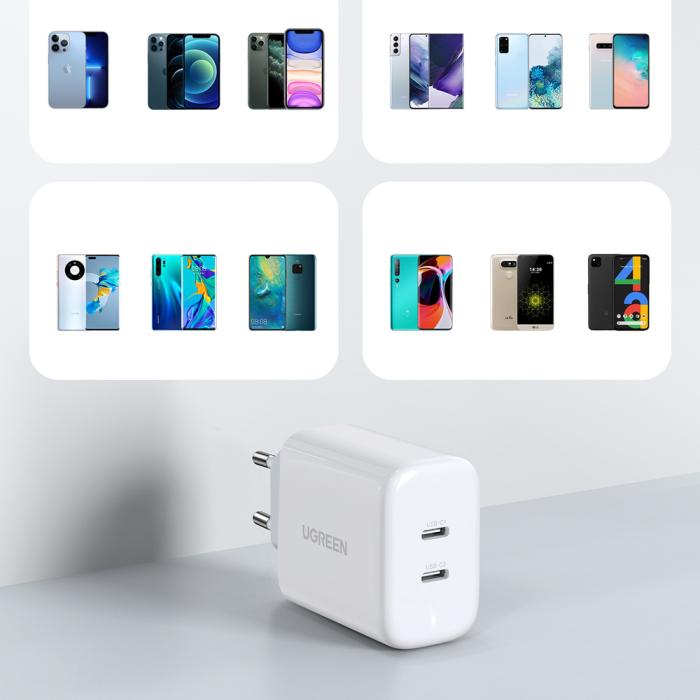 Bild 3, Ugreen 40W 2x USB-C PD Snabbladdare Väggladdare Vit