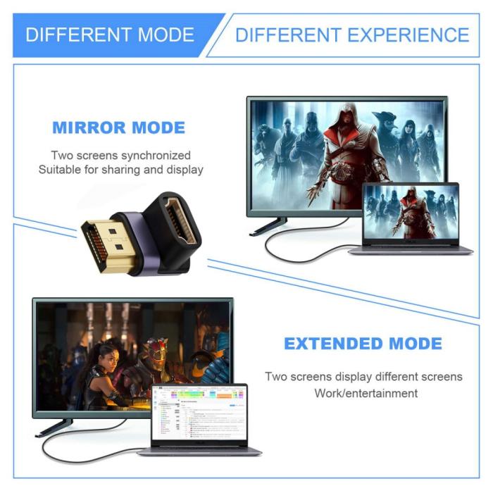 Bild 3, 8K 60Hz 90° Nedvinkel HDMI Hane - HDMI 2.1 Hona Adapter Blå