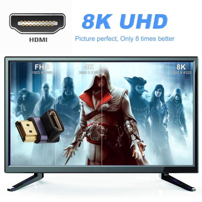 Bild 5, 8K 60Hz 90° Nedvinkel HDMI Hane - HDMI 2.1 Hona Adapter Blå