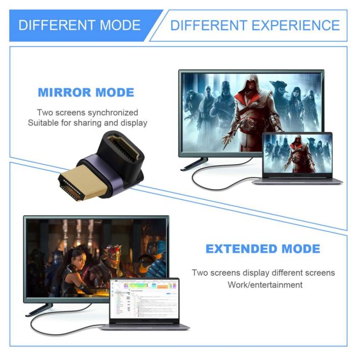 Bild 3, 8K 60Hz 90° Uppvinkel HDMI Hane - HDMI 2.1 Hona Adapter Blå