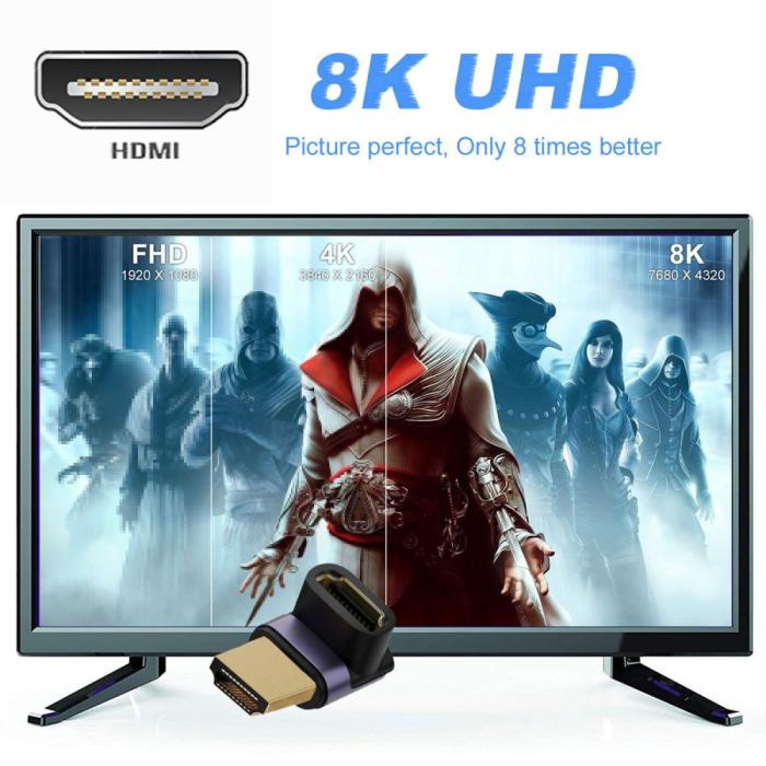 Bild 5, 8K 60Hz 90° Uppvinkel HDMI Hane - HDMI 2.1 Hona Adapter Blå