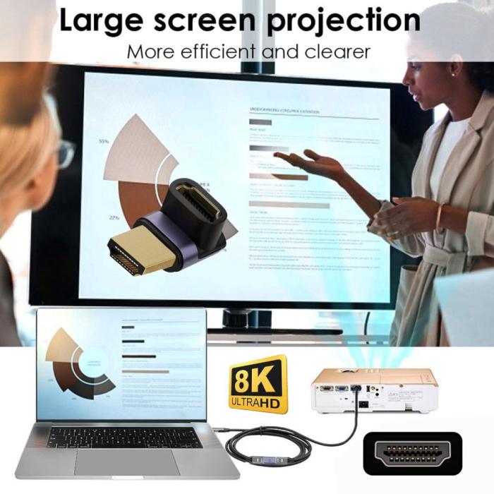 Bild 6, 8K 60Hz 90° Uppvinkel HDMI Hane - HDMI 2.1 Hona Adapter Blå