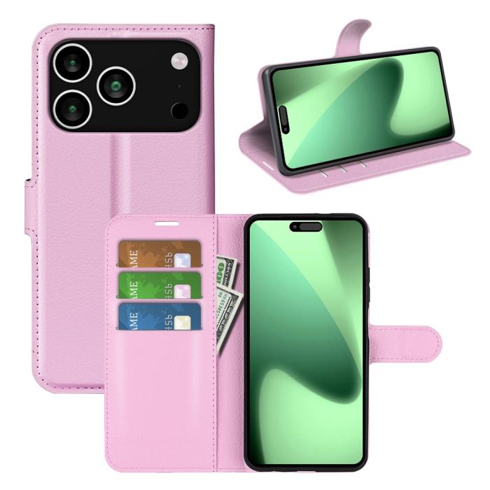Bild 6, iPhone 17 Pro Max Fodral Litchi Läder Ljus Rosa