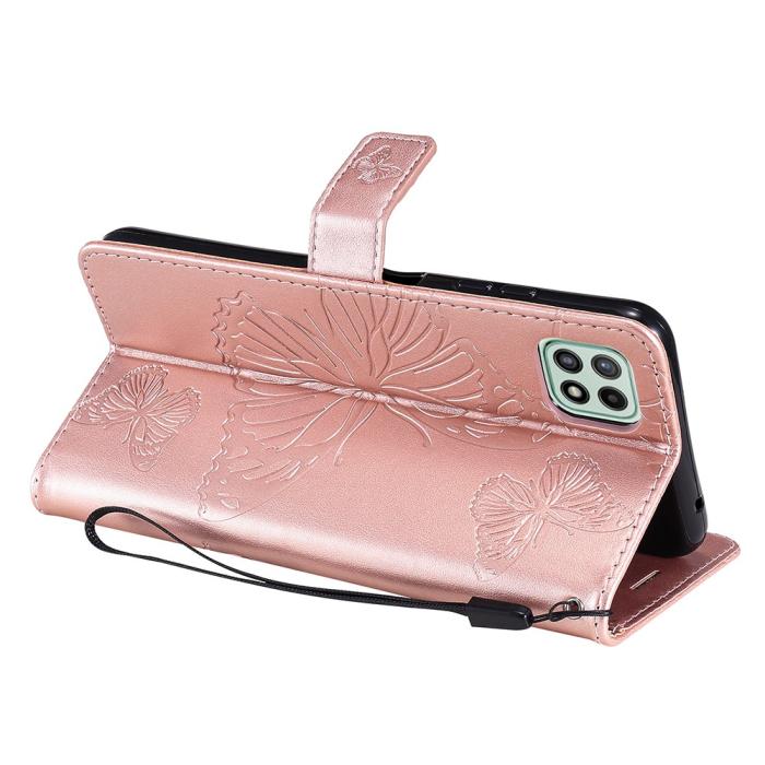 Bild 5, Samsung Galaxy A22 5G - Butterfly Läder Fodral - Roséguld