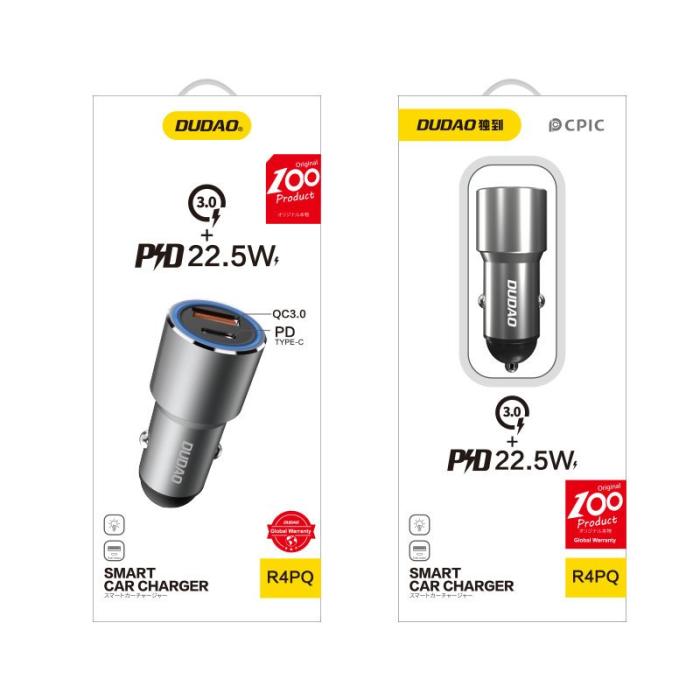 Bild 5, Dudao 22.5W USB-C / USB-A QC PD Billaddare Snabbladdning Grå