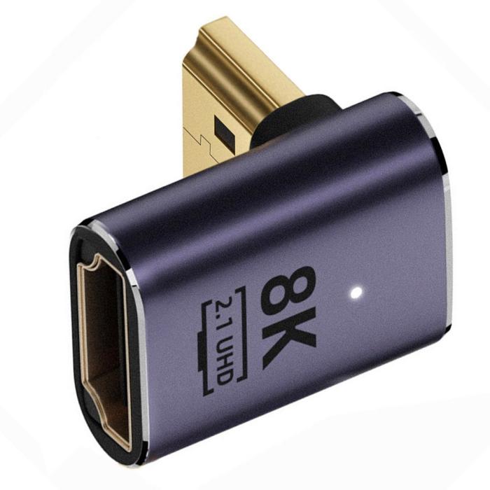 Bild 1, 8K 60Hz 90° Nedvinkel HDMI Hane - HDMI 2.1 Hona Adapter Blå