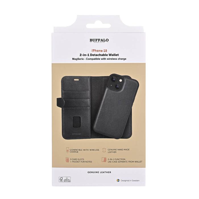 Bild 2, Buffalo iPhone 15 Fodral 2in1 Äkta Läder Svart