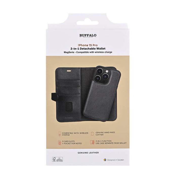 Bild 2, Buffalo iPhone 15 Pro Fodral 2in1 Äkta Läder Svart