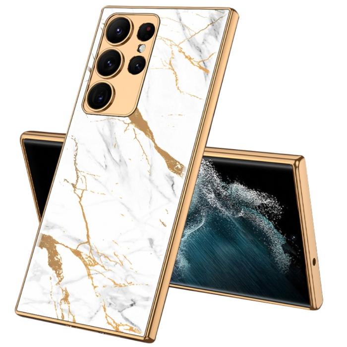 Bild 1, GKK Galaxy S24 Ultra Skal Härdat Glas Electroplate Marmor Vit