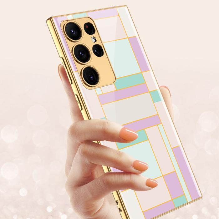 Bild 4, GKK Galaxy S24 Ultra Skal Härdat Glas Electroplate Marmor Vit