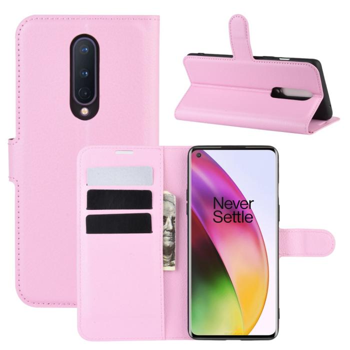 Bild 1, OnePlus 8 - Litchi Plånboksfodral - Ljus Rosa