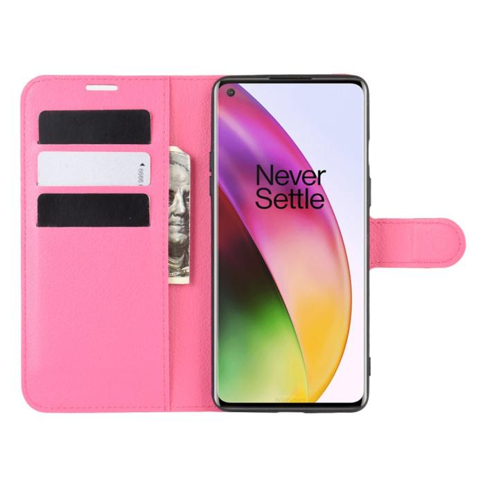 Bild 4, OnePlus 8 - Litchi Plånboksfodral - Rosa
