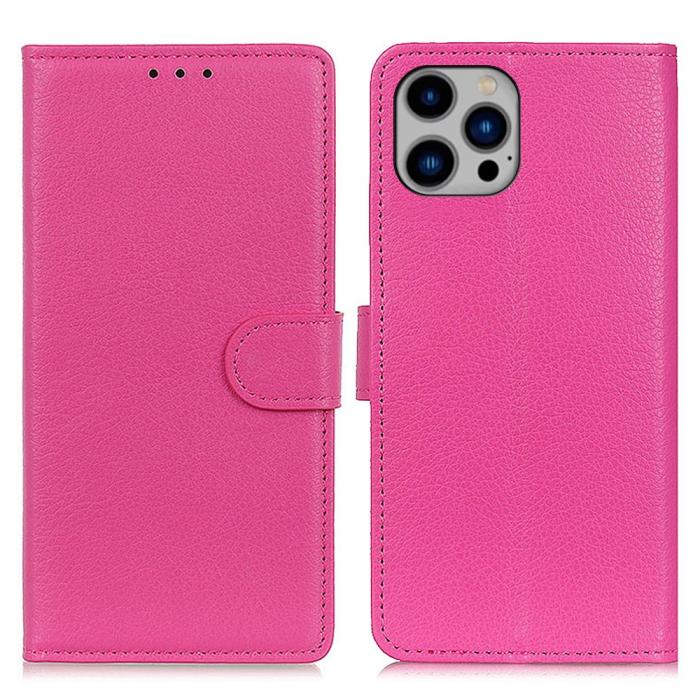 Bild 1, iPhone 16 Pro Max Fodral Läder Litchi Textur Rosa