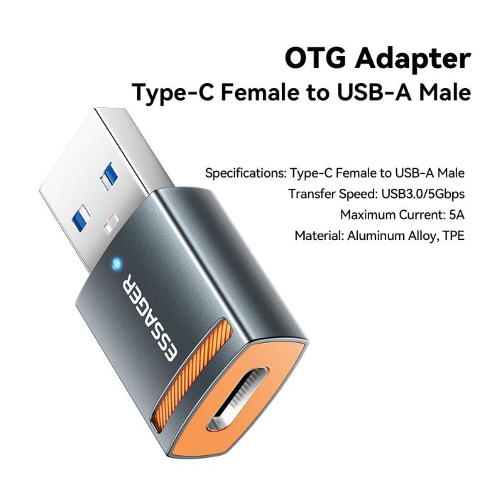 Bild 2, ESSAGER USB-A 3.0 Till USB-C Adapter Grå