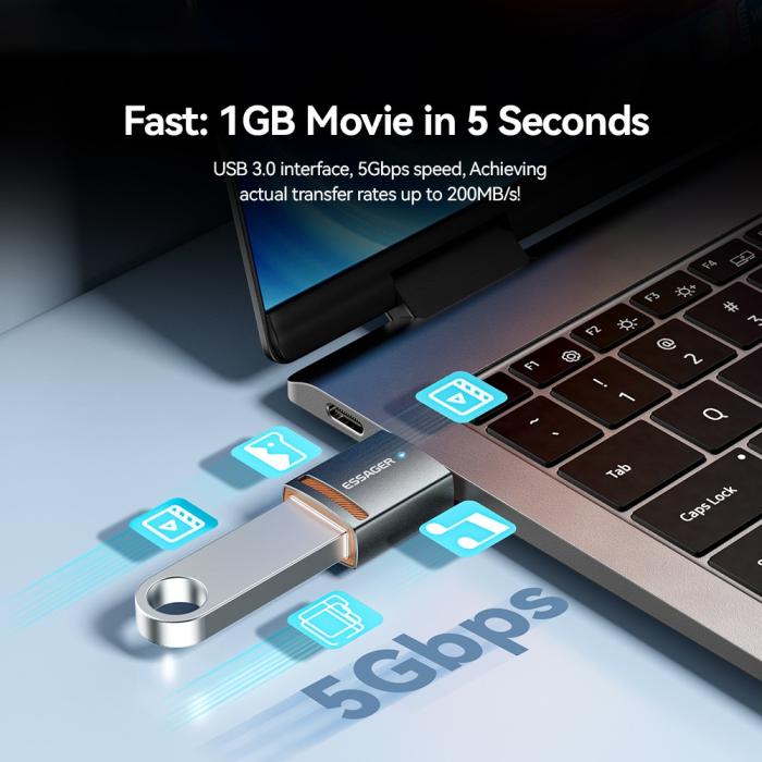 Bild 4, ESSAGER USB-A 3.0 Till USB-C Adapter Grå