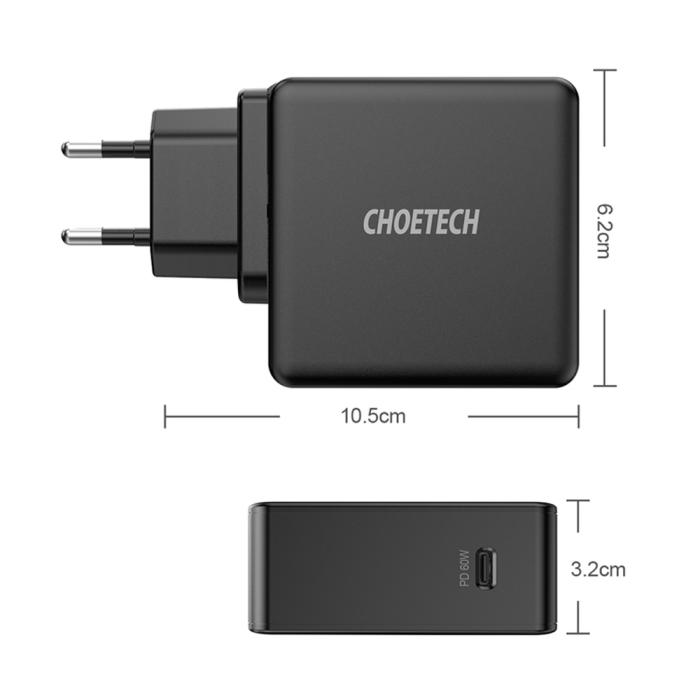 Bild 5, Choetech 60W USB-C PD Väggladdare Snabbladdning Svart