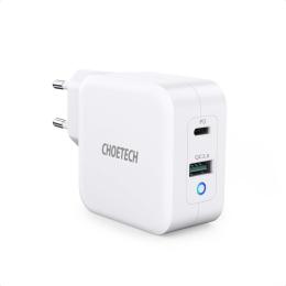 Choetech 65W GaN USB-C / USB-A PD QC Väggladdare Vit