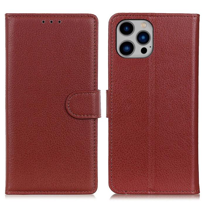 Bild 1, iPhone 16 Pro Max Fodral Läder Litchi Textur Brun