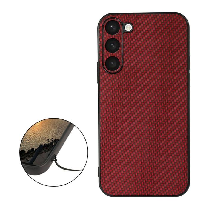 Bild 2, Samsung Galaxy S23 Skal Läderbelagt Kolfiber Textur Röd