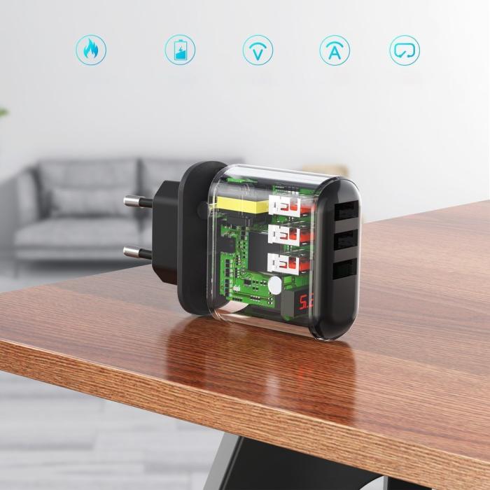 Bild 3, Choetech 3.4A 3x USB Väggladdare Svart